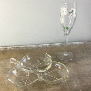 Vintage Fairycore Cottage Fairy Floral Glass Champagne Flute and Leaf Bowl Set